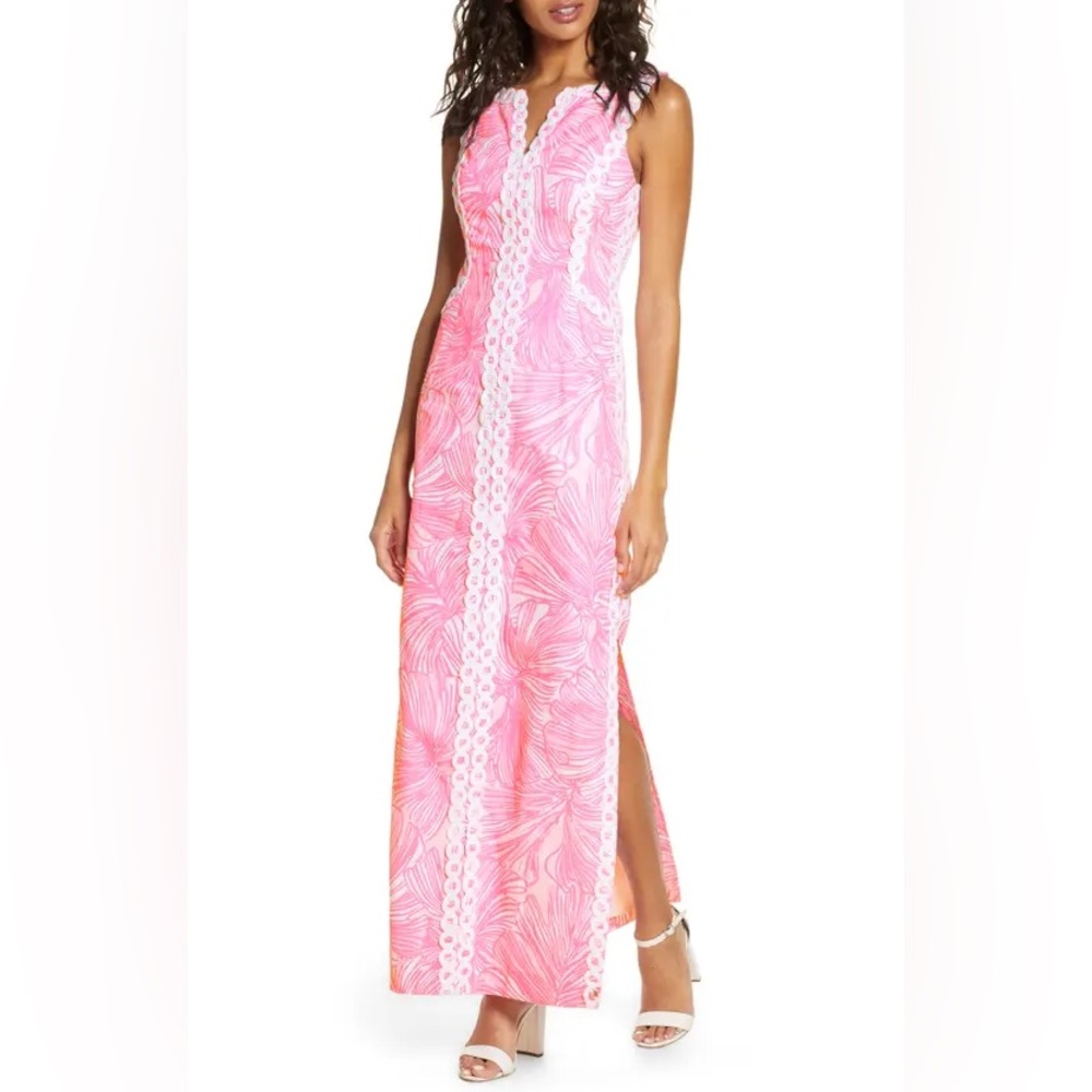 NWT Lilly Pulitzer Daise Stretch Maxi Dress Prosecco Pink Fronds Place Size 4